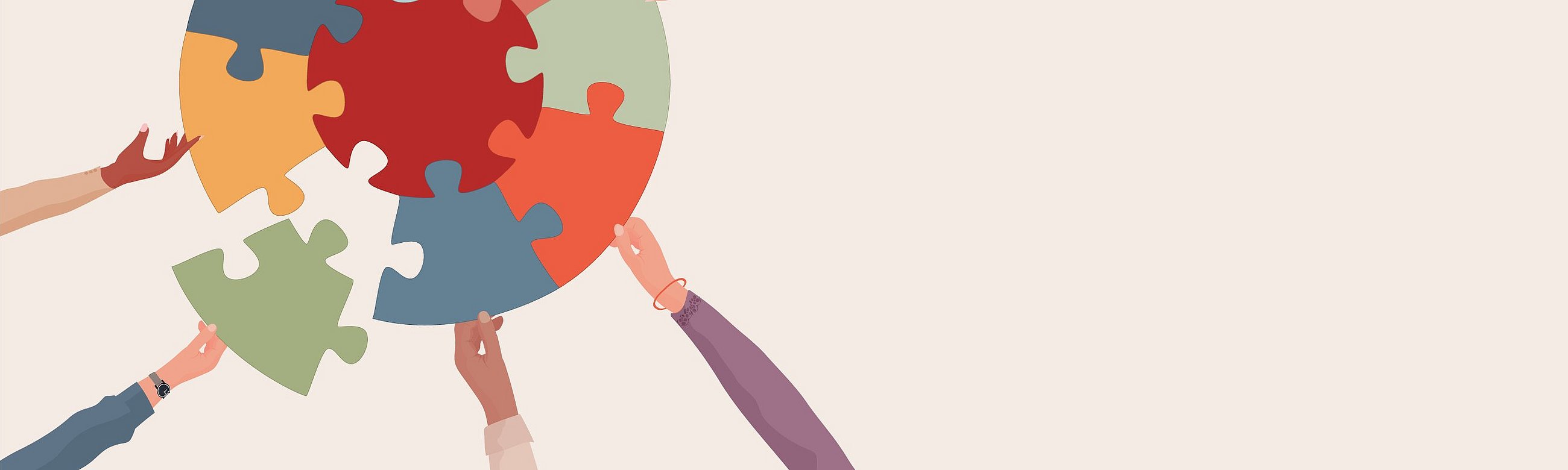 Illustration von vielen Menschen, die zusammen ein rundes, buntes Puzzles vervollständigen.